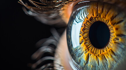 Close up of eye iris on black background  macro  photography. made with generative ai