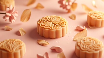 Obraz na płótnie Canvas Elegant mooncakes with intricate floral patterns, set against a soft pink backdrop with delicate petals for a festive Mid-Autumn celebration.