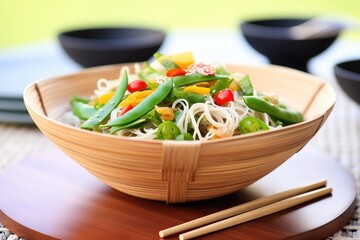 asian noodle salad with sesame seeds and snap peas, in a bamboo bowl