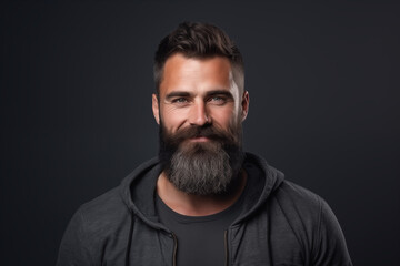 Obraz premium Studio shot of smiling bearded man, handsome brutal man. Space for text and black background. Generative AI