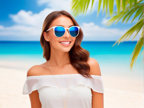 summer holidays, vacation, travel and people concept - smiling young woman in sunglasses over tropical beach background