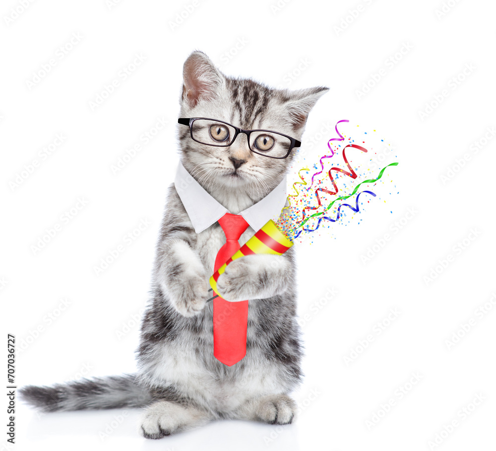 Poster Smart cat wearing eyeglasses and necktie holds exploding firecracker. Isolated on blue background