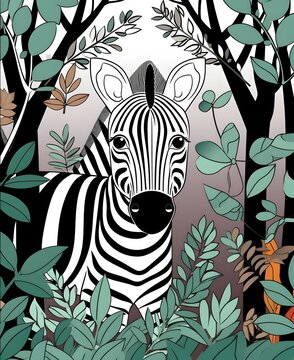 cute funny, feel good zebra, in the jungle, kid coloring book, forest background, black lines, no black shade, white background, sharp lines, bold lines, low detail,