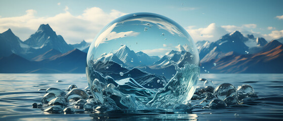 Glass ball on water on the background of mountains. Splashes of water. ecology, water, nature...