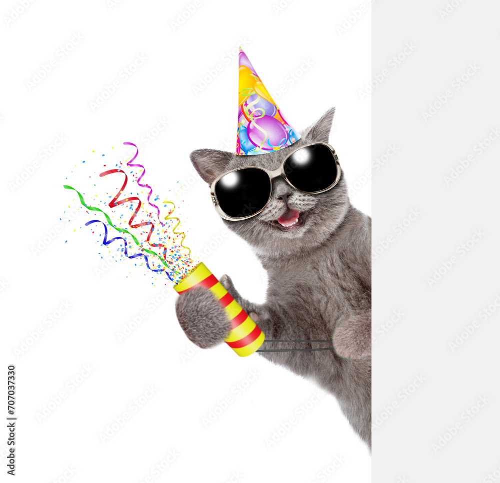 Aufkleber Happy cat wearing sunglasses and party cap holds exploding firecracker and looks from behind empty white banner. Isolated on white background