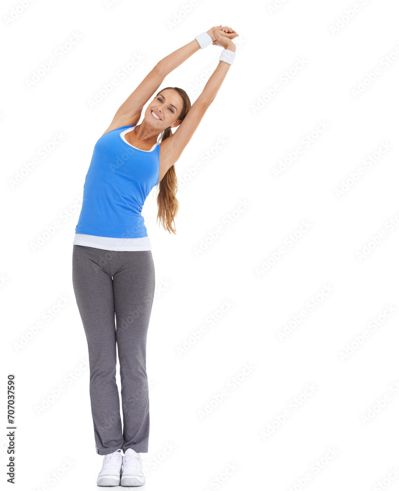 Poster Woman, fitness and stretching in studio for workout, training or wellness on white background. Portrait of athlete or model with muscle health, arms in air and exercise for pilates or sports warm up