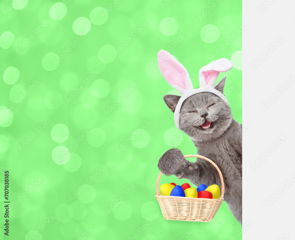 Poster happy kitten wearing easter rabbits ears holds basket with colorful easter eggs and looks from behin