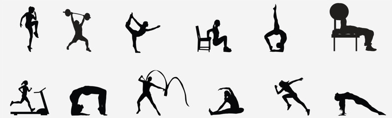 Vector silhouettes collection of active people doing fitness exercises
