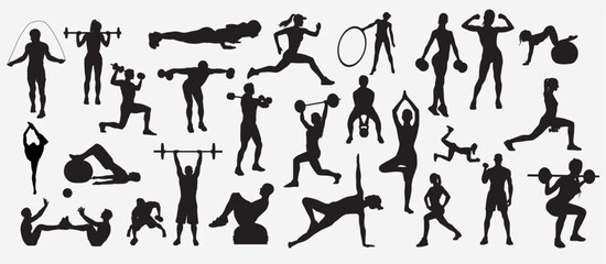 Fitness and Gym Activity Silhouettes, art vector design - obrazy, fototapety, plakaty