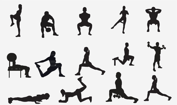 Vector silhouettes collection of active people doing fitness exercises