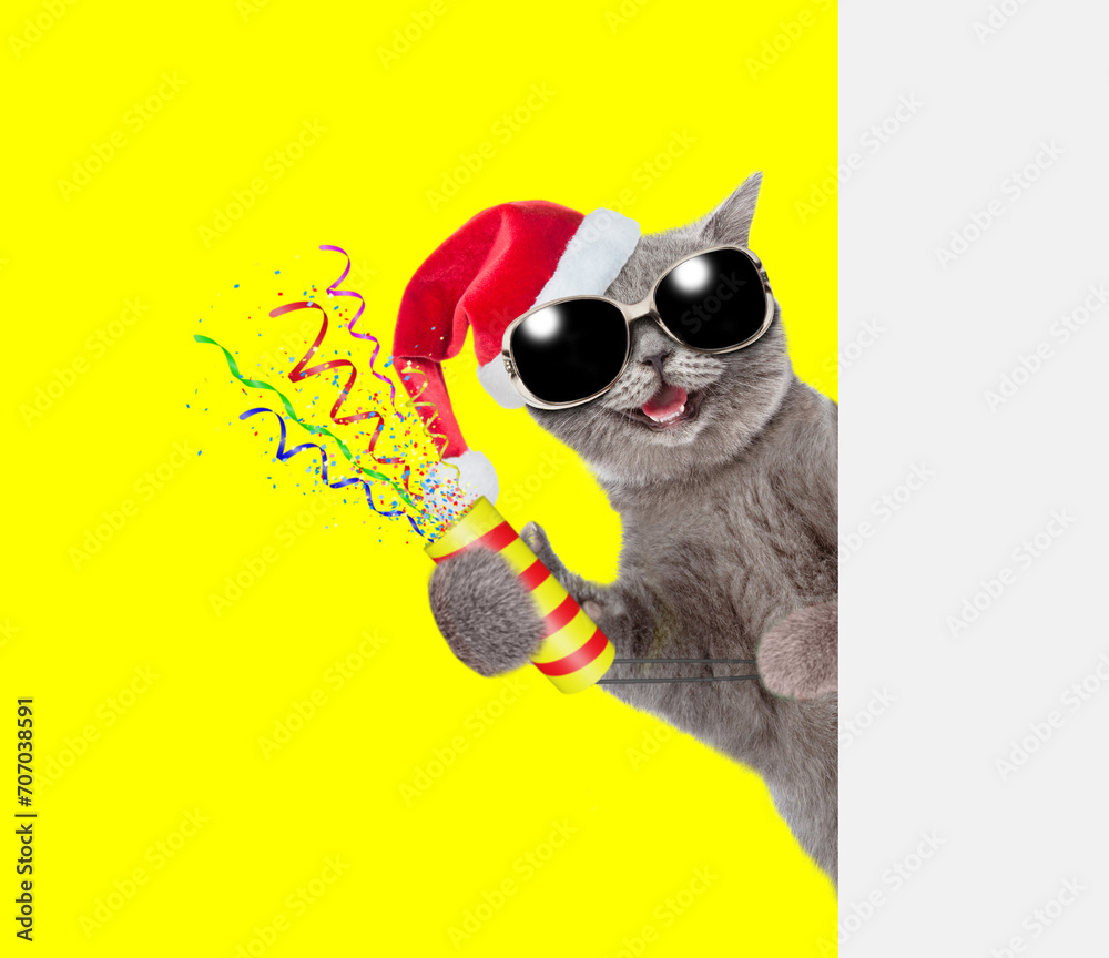 Aufkleber Happy cat wearing sunglasses and red santa hat holds exploding firecracker and looks from behind empty white banner. Isolated on yellow background