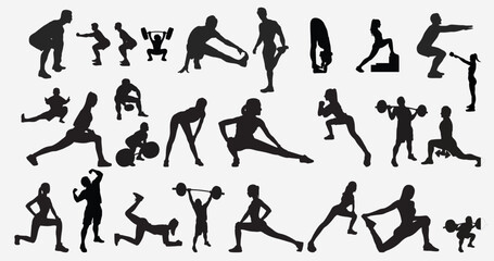 silhouette Collection of different men and women performing various sports activities. Bundle of training, exercising people isolated on transparent background. Vector realistic illustrations 