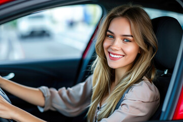 Stylish Female Driver in Vibrant Car Interior