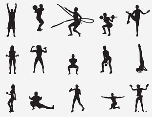 Fototapeta na wymiar silhouette Collection of different men and women performing various sports activities. Bundle of training, exercising people isolated on transparent background. Vector realistic illustrations 