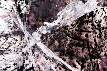 Black and white abstract background, art collage. Chaotic brush strokes and paint stains on paper