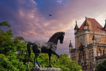 Majestic Horse Statue, Sunset View by a Gothic European Castle.