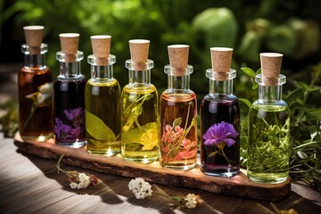 Obraz na płótnie Canvas Set of natural essential oils in bottles on wooden background