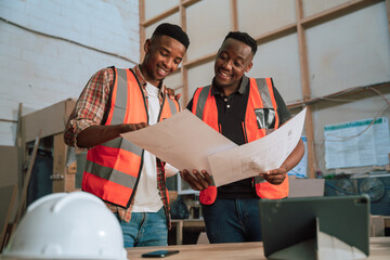 African American colleagues in safety vests review designs in carpentry warehouse 