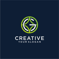 g logo design with leaves and line art