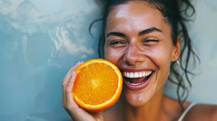 Wellness Enthusiasm: Close-up of a Joyous Athlete Embracing a Fresh Orange