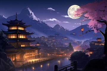 Naklejka premium Capture the essence of cartoon creativity with a background presenting a Japan landscape, where characters interact, Generative AI