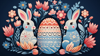 Lovely hand drawn easter bunnies seamless pattern, cute rabbits, springs flowers and easter eggs - great for textiles, banners, wallpapers, wrapping, cards