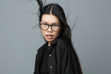 Woman glasses business beautiful asian portrait fashion background student smile face cute studio