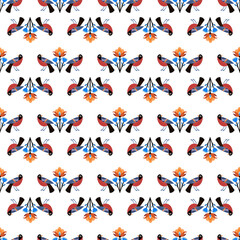 Fototapeta na wymiar Seamless pattern with birds, ornament, folk, spring print, pattern with flowers and birds, vector, Bright summer print.