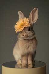 Portrait of a bunny wearing  orange Barberton daisy flower on head.