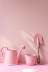Creative layout made of light pink colored vintage  watering can , a pot and a spade. Minimal plant care concept in pastel tones. 