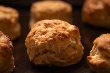 Freshly baked homemade cheese scones, a popular afternoon tea snack, are cooling down on a metal tray.