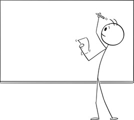 Teacher or Student Writing on Whiteboard or Blackboard, Vector Cartoon Stick Figure Illustration