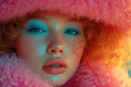 Fashion model woman face with fantasy art make-up. Bold makeup, glance Fashion art portrait, incorporating neon colors. Advertising design for cosmetics, beauty salon. content.
