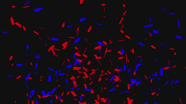Red and Blue confetti falling down on black background matte channel cgi