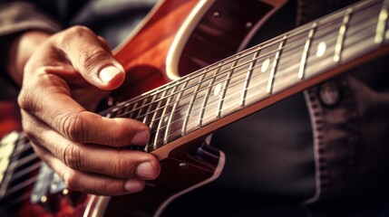 Close up view of a man's hand playing an acoustic guitar. - obrazy, fototapety, plakaty