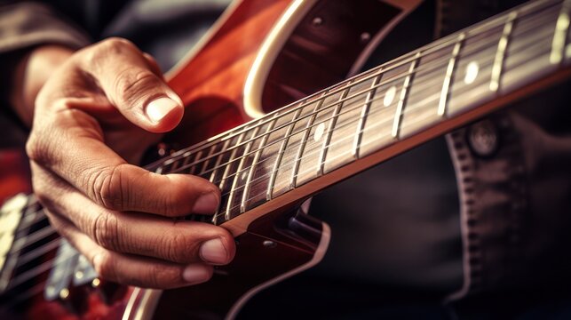 Close up view of a man's hand playing an acoustic guitar.