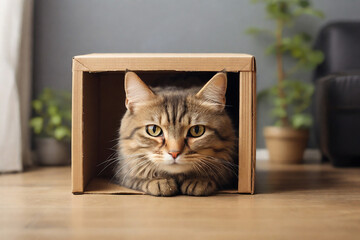 Cute tabby cat peeking out of the box at home