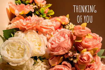 Thinking of you- card. Artificial flowers, delicate pink roses.