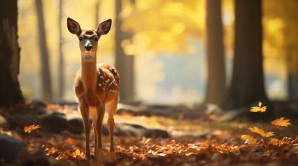 Foto op Plexiglas Deer baby standing in the forest with autumn leaves, in the style of photo-realistic landscapes, bokeh, wimmelbilder, hyperrealistic animal portraits, photo taken with provia, cute and colorful, cabin © Possibility Pages