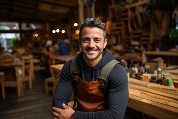 Obraz premium Small business owner showcasing their handcrafted wooden furniture pieces in a quaint workshop, Generative AI