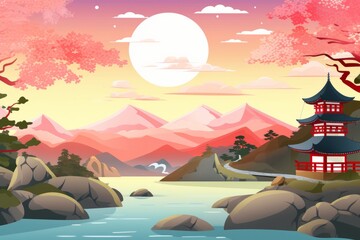 Add a touch of cartoon magic to your project with a background that presents a Japan landscape, featuring characters with whimsical, Generative AI