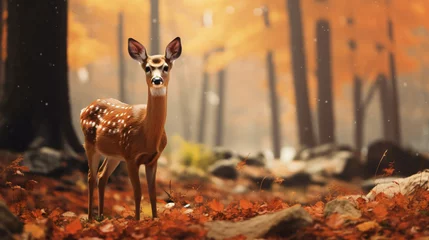 Poster Deer baby standing in the forest with autumn leaves, in the style of photo-realistic landscapes, bokeh, wimmelbilder, hyperrealistic animal portraits, photo taken with provia, cute and colorful, cabin © Possibility Pages