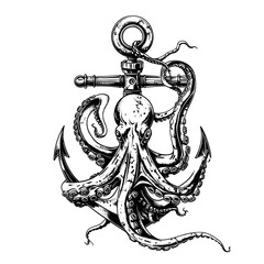 Fototapeta premium a drawing of an octopus entwined with an anchor in black and white.