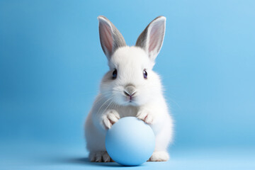 White rabbit holding a blue ball, in the style of matte background, konica big mini, light azure and gray, cute and colorful, wimmelbilder, selective focus

