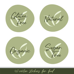 Organic Natural Gluten Sugar Free vector icon. Food sticker set. Green isolated label. Symbol for product, allergy, diet, healthy eating, design element, sign