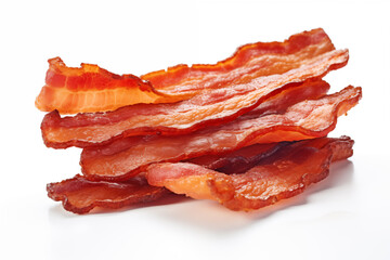 A close-up image showcasing multiple crispy, cooked bacon strips stacked together, isolated on a white background.