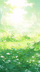 Illustration of pastoral natural landscape with green mountains and green water in spring, concept scene illustration of equinox