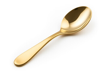 Shiny gold spoon isolated on white, highlighting curves and reflective surface. Perfect for culinary and kitchenware concepts.