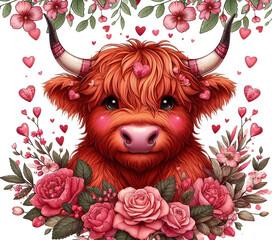 Highland Cow Valentine Tumbler Wrap PNG ai generated