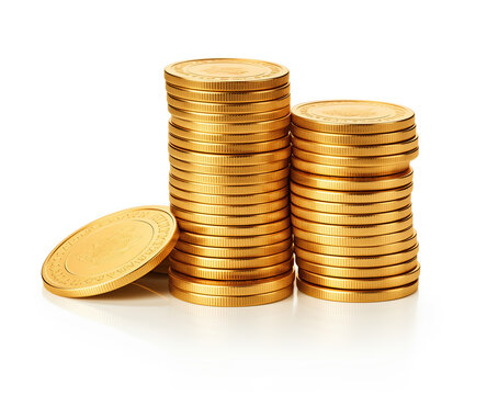 Close-up image of stacks of shiny golden coins symbolizing wealth and savings.